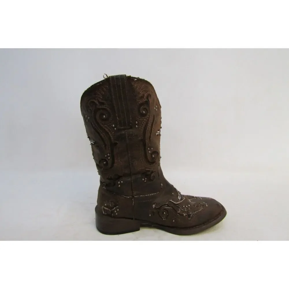 Roper Brand Youth Size 11 M Brown Inlay Cross Studded Cowboy Boots